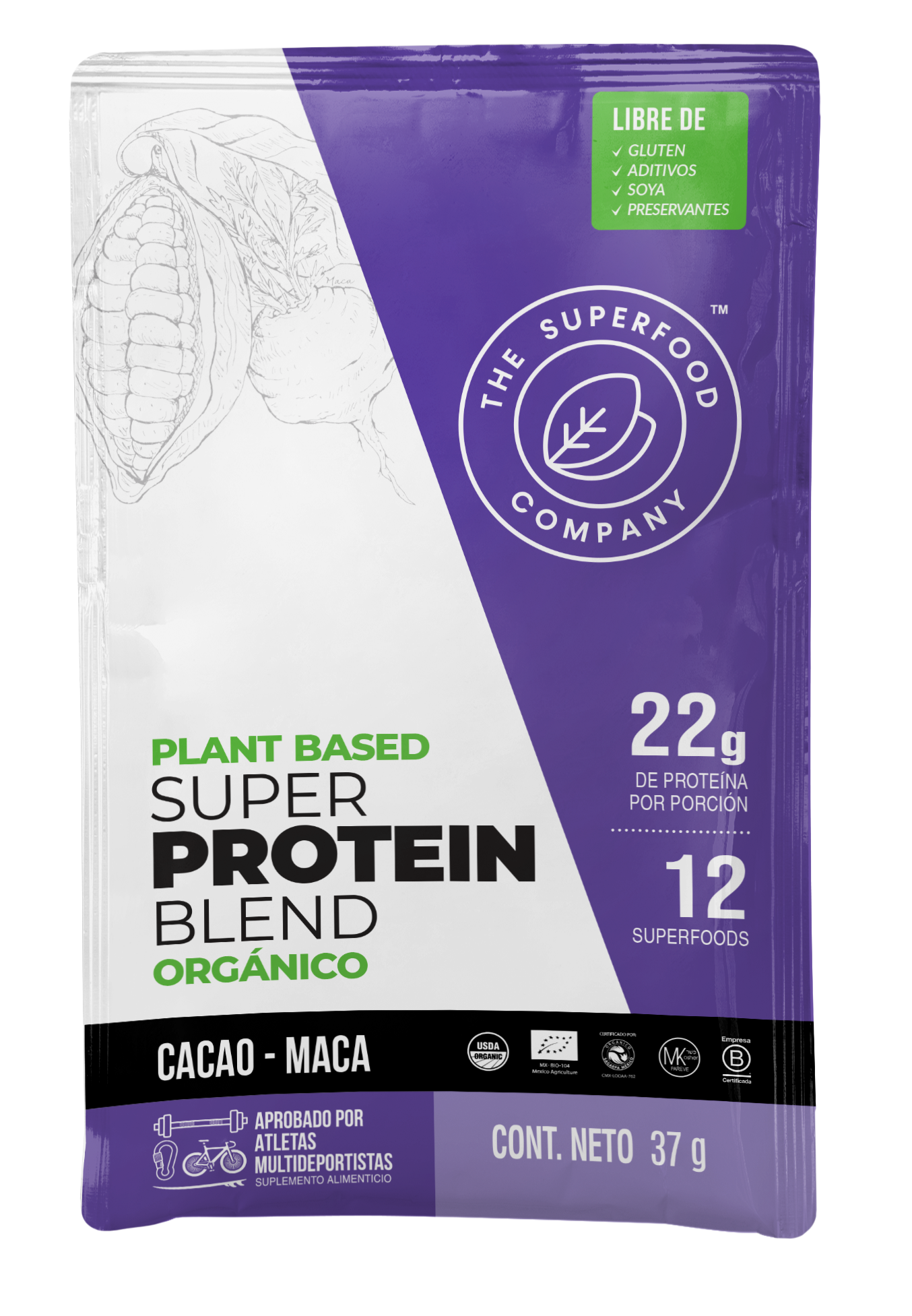 The superfood company - Proteína vegetal sabor cacao maca -Sachet 37gr